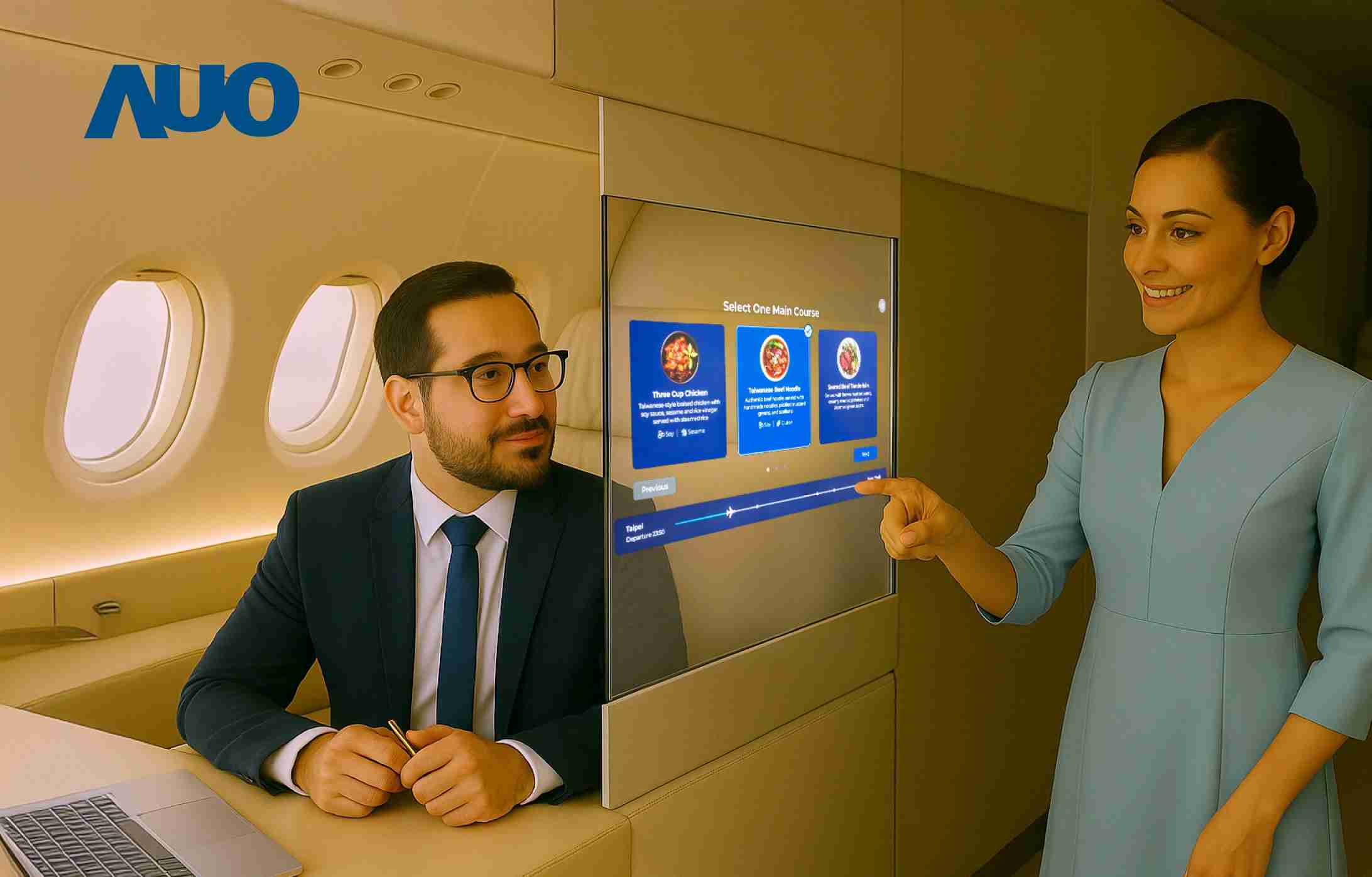 彩神vll研发全球最薄17.3 吋双面透明 Micro LED 显示器，，，可在同一屏幕之双边投射不同信息，，创造独特的”透明化”互动；图为实时翻译交流应用情境